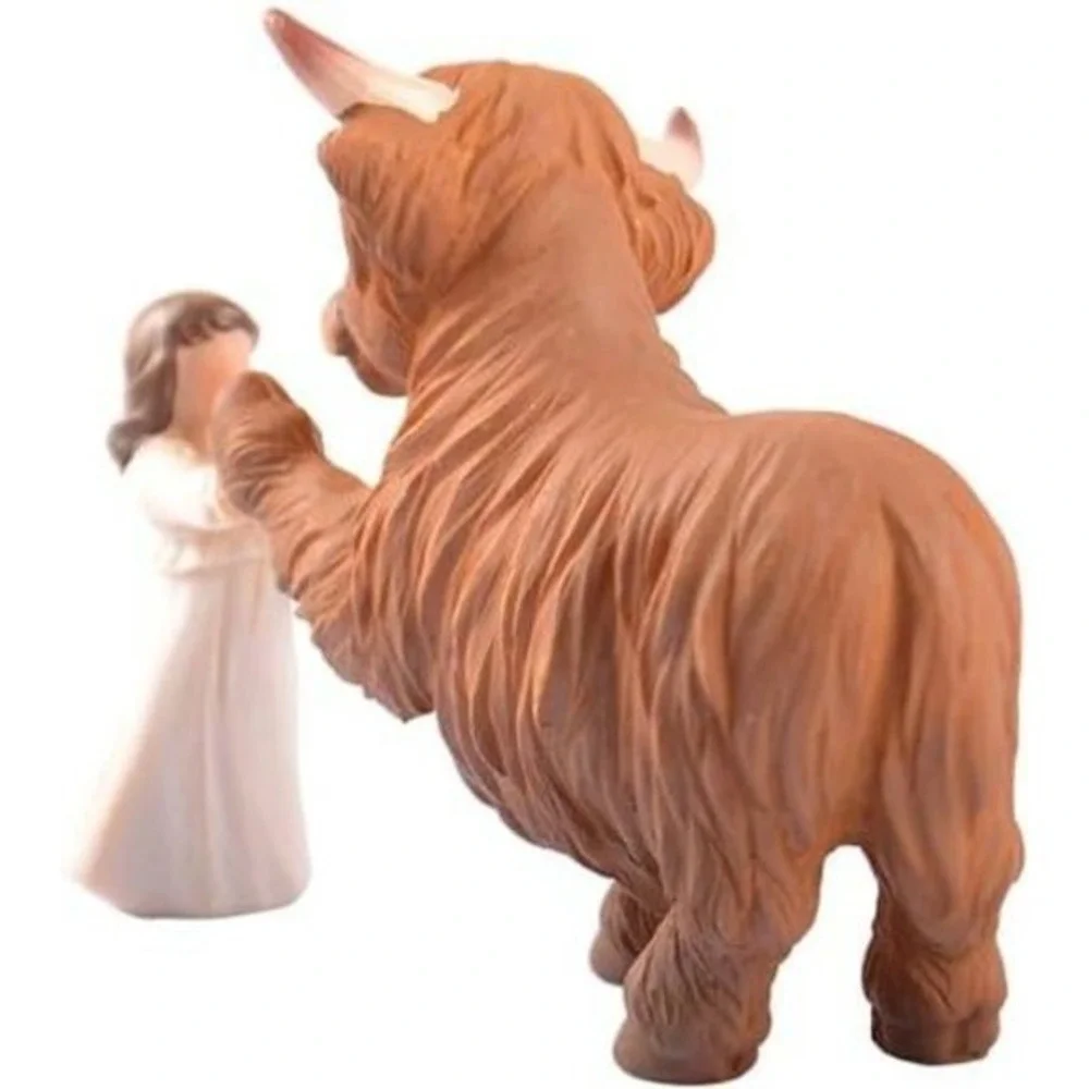 Highland Cow and Girl Resin Figurine Rustic‎ Farmhouse Decor 6.7 Inch Brown